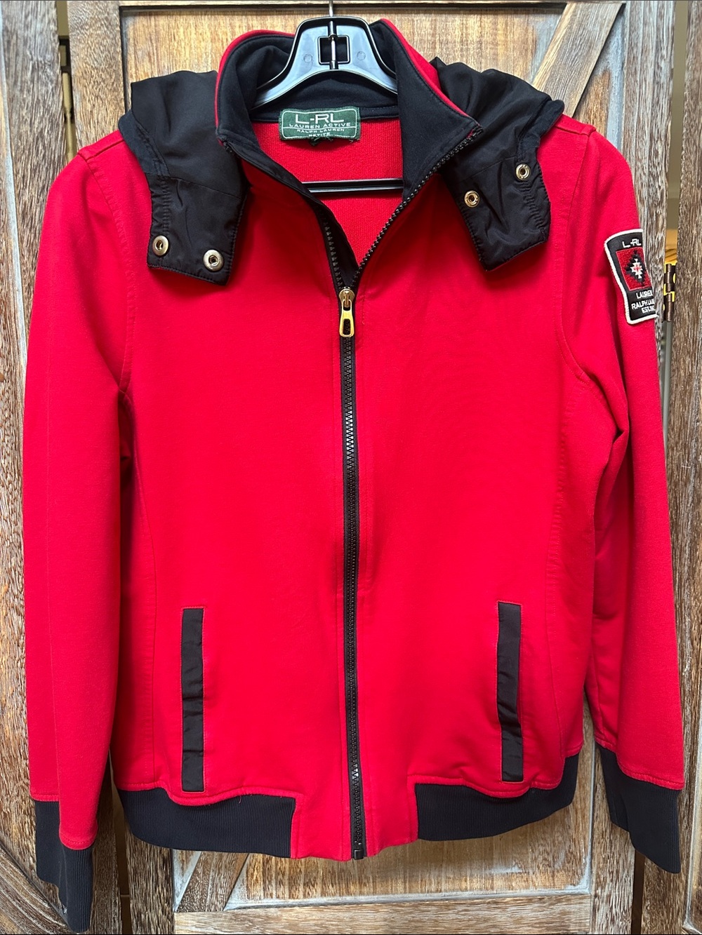 Lauren Ralph Lauren Red Zipper Jacket with Black Hood Women’s Size Medium Petite